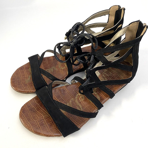 Sam Edelman Danica Sandal Flat Black Faux Suede Strappy Open Toe Lace Up… - Picture 4 of 6
